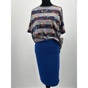 LuLaRoe Combo Outfit Cassie Skirt Blue Med and Irma Shirt XS Shapes Blue Red Org